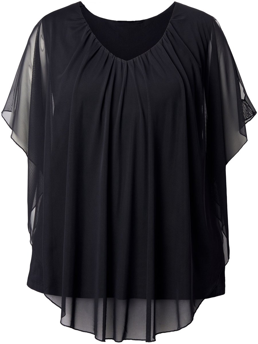 MIAMODA - Dames - Mesh overhemdblouse schouder met cut-out opaque jersey top - Zwart - Maat 42+