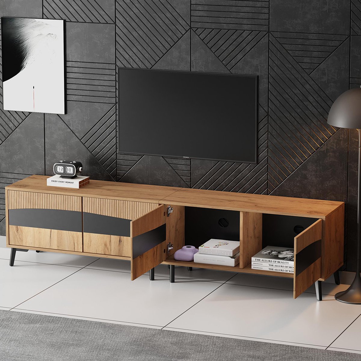 KOMHTOM BLACKCOLORS TV-meubel 180*40*50 cm, houtkleur + zwarte tv-steun, tv-meubel met 4 kasten, woonkamermeubel met 8 steunpoten, aanbevolen draagvermogen 30 kg, symmetrisch ontwerp, laag meubel Natuurlijk