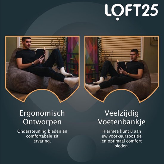 Man zit comfortabel op een lila beanbag stoel, leest een boek. Poef staat ernaast. Afmetingen getoond.