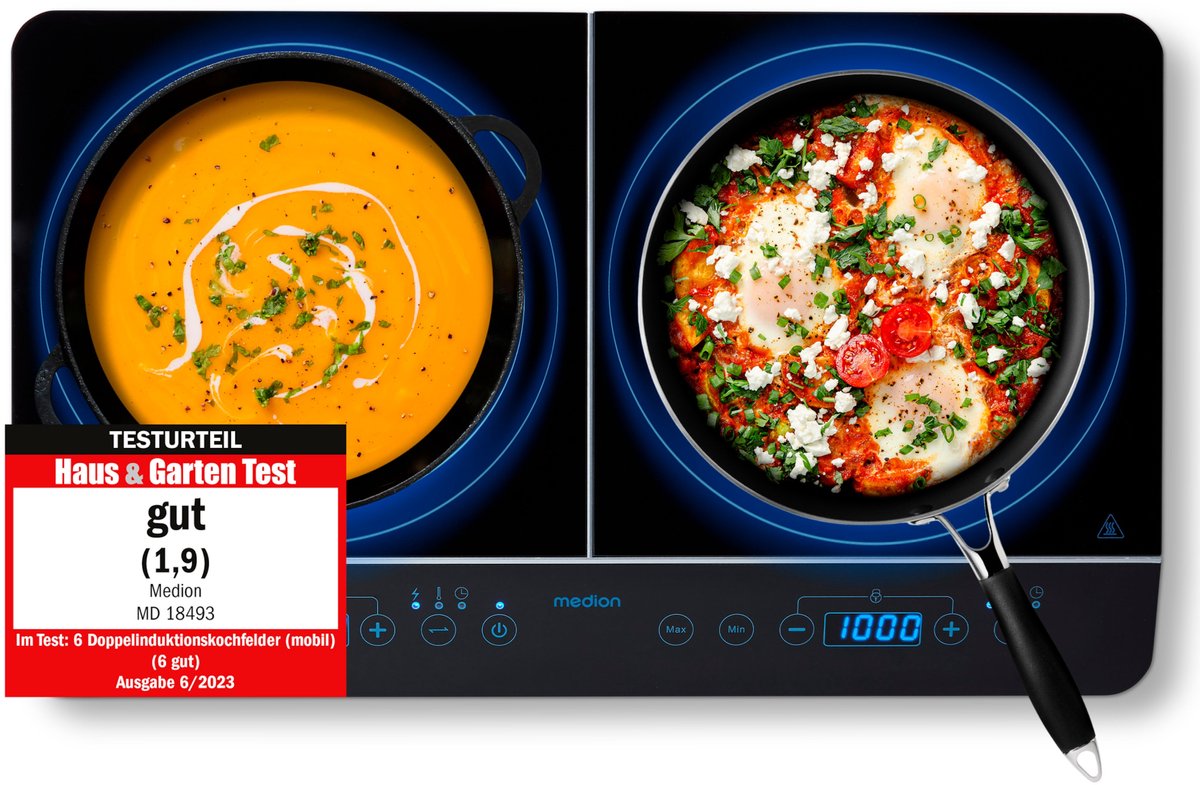 Bol.com MEDION dubbele inductiekookplaat met twee kookplaten, 3500 watt, 10 temperatuurniveaus, LED-display, MD 15324, zwart aanbieding