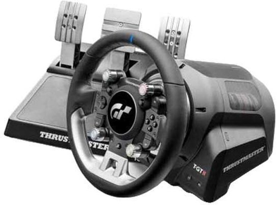 Thrustmaster T-GT II racestuur met pedalen, zwart met zilveren accenten.