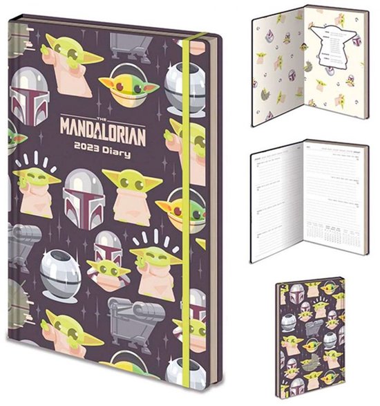 Agenda 2023 met een paarse omslag waarop "The Mandalorian" staat en afbeeldingen van Grogu, helmen en de Razor Crest.
