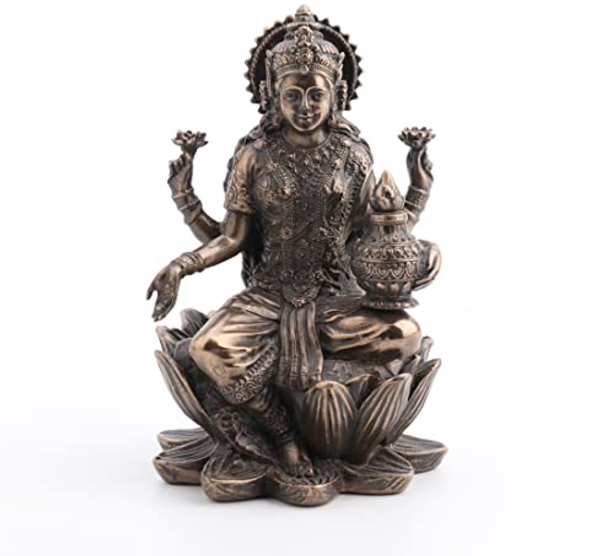 Bronzen Lakshmi Beeldje op Lotus - Hindoe Sculptuur