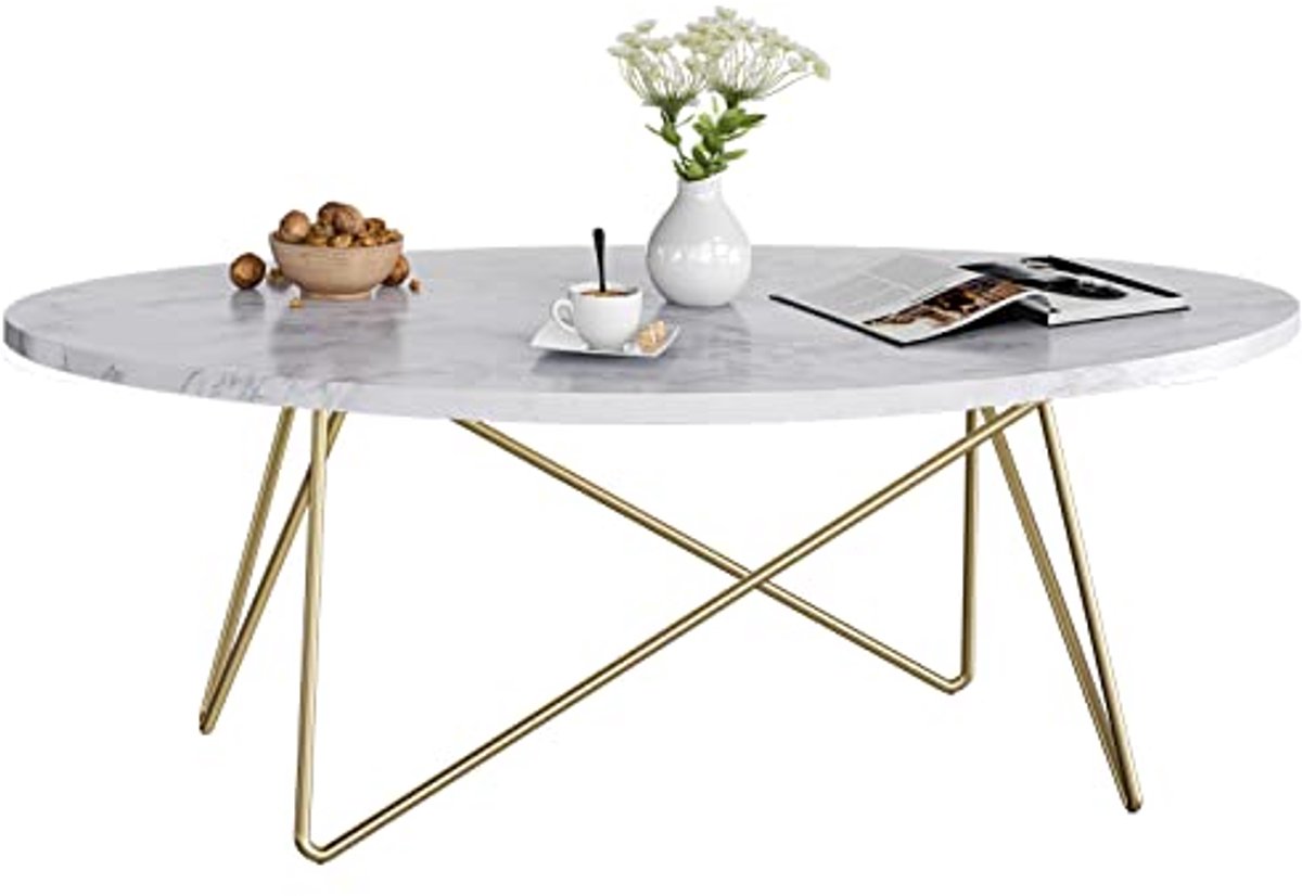 Ovale salontafel met marmeren look en gouden accenten – veelzijdige bijzettafel voor woonkamer en slaapkamer 120 x 60 x 41 cm