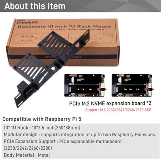 GeeekPi 19 Inch 1U Rackmount Voor Raspberry Pi 5 – Met 4x PCIe M.2 NVMe Adapters En OLED Scherm, Voor Serverrek
