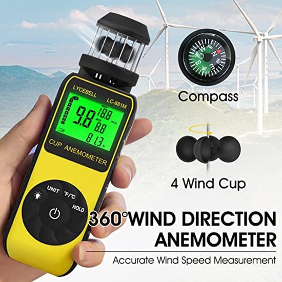 Draagbare Anemometer voor Windsnelheid en Temperatuur met Kompas — afbeelding 3