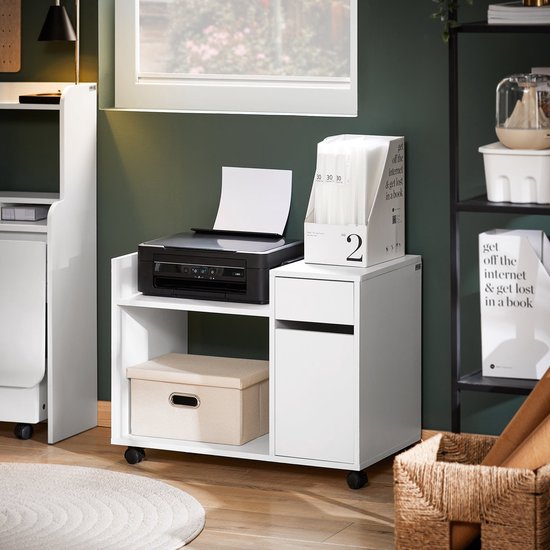 Witte bureaukast met printer, stoffen opbergdoos, map en lade. Met wieltjes.