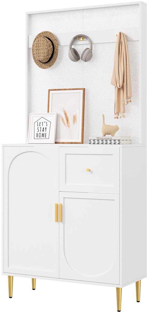 Merax Garderobekast Compact – Halmeubel met Spiegel – Wit en Gouden Accenten – Verstelbare Planken – 80x175,5x35 cm