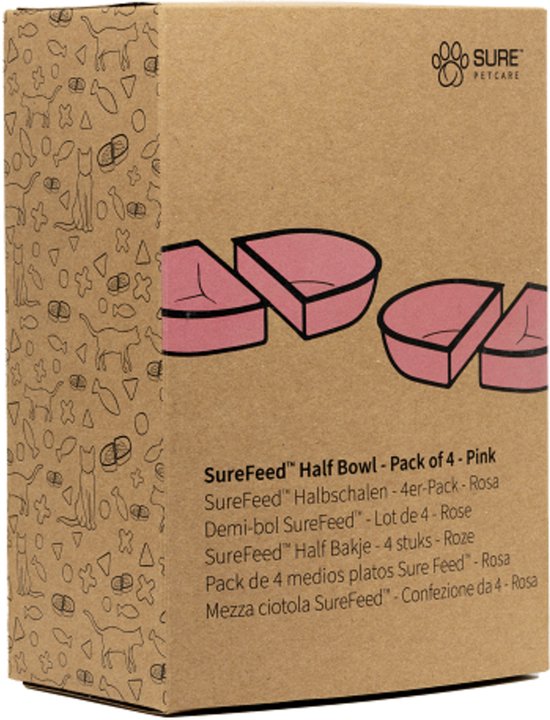 Roze kartonnen verpakking met kattenmotief en afbeelding van vier halve voerbakken.