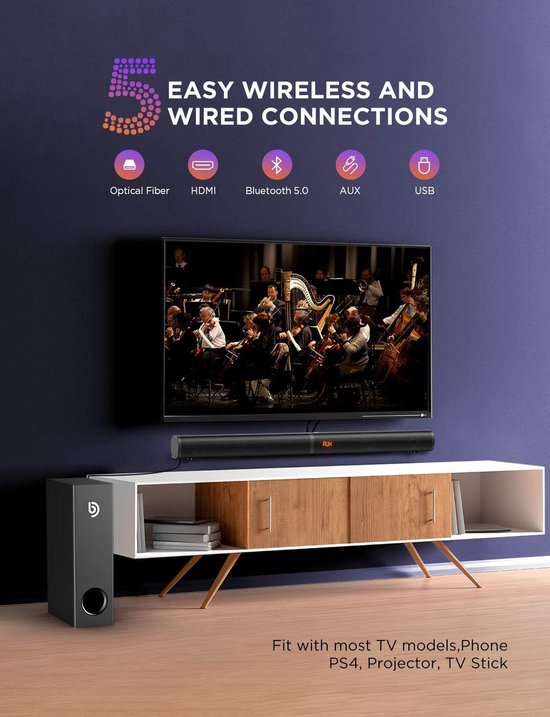 Soundbar met Subwoofer 2.1-kanaal 190W voor TV - Bluetooth 5.0, Instelbare Bas en DSP Technologie van Trust Tyro — afbeelding 5
