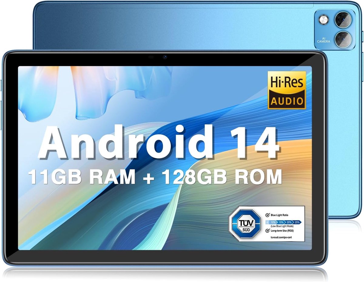 Tablet Android 14 met 11GB RAM en 128GB opslag - 10,1 inch touchscreen en ultradunne behuizing