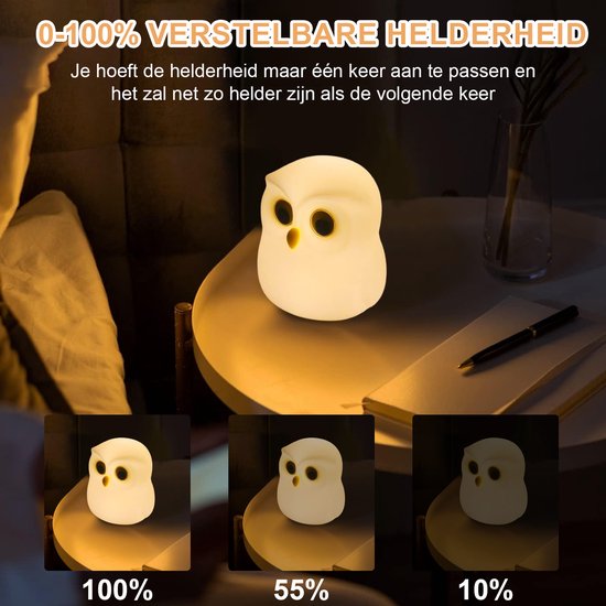 Ynkkvre - Schattige Uil Kinder Nachtlampje - USB Oplaadbare Dierlamp - Creatief Slaapkamer Nachtlampje voor Kinderen - Touch Control - Veilig Siliconen, ABS+PC Materiaal - Bedlampje - Wit van Ynkkvre — afbeelding 5