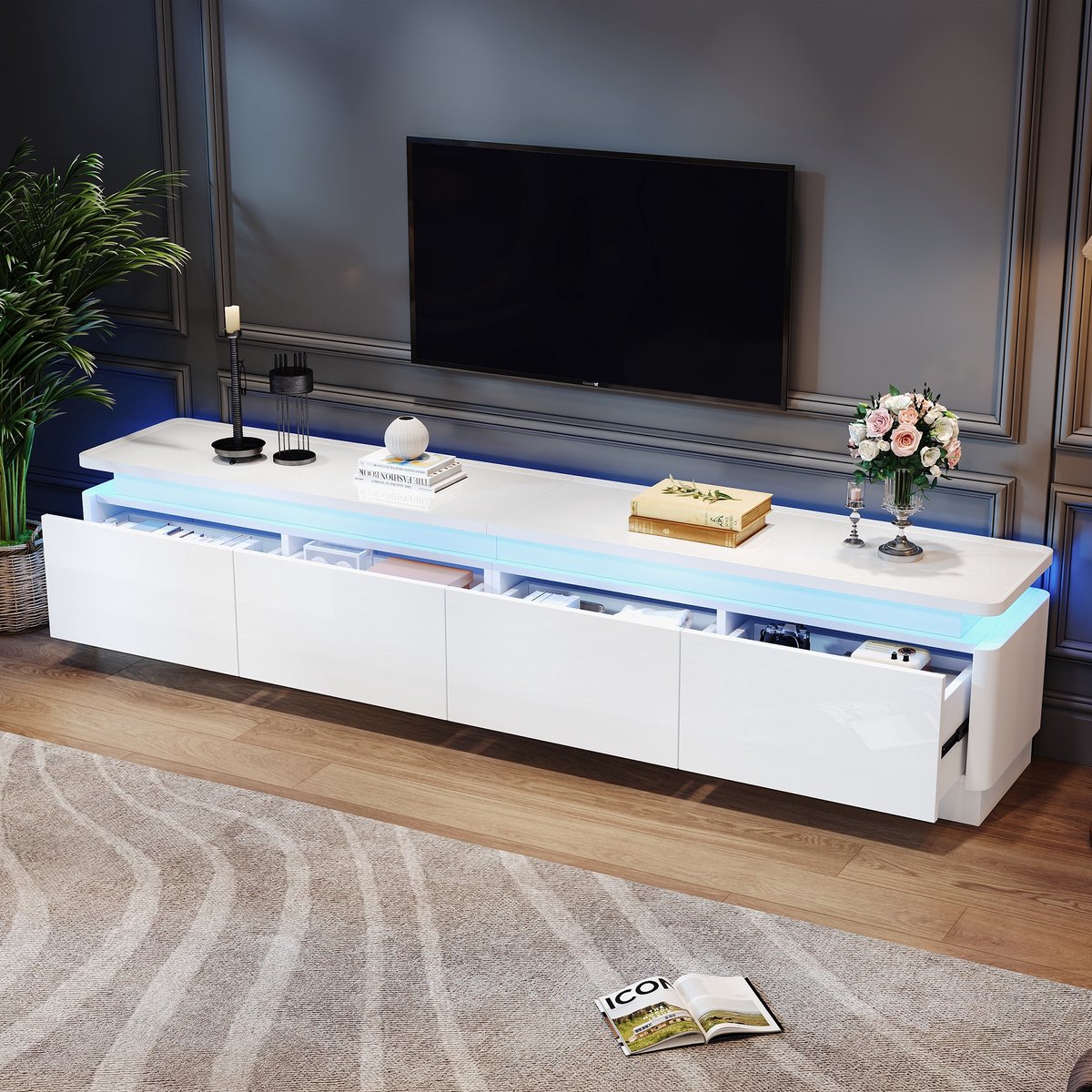 PHOEBE CAT TV-kast - 4 lades - LED-verlichting - Hoogglans - Geschikt voor 80-inch TV's - Wit