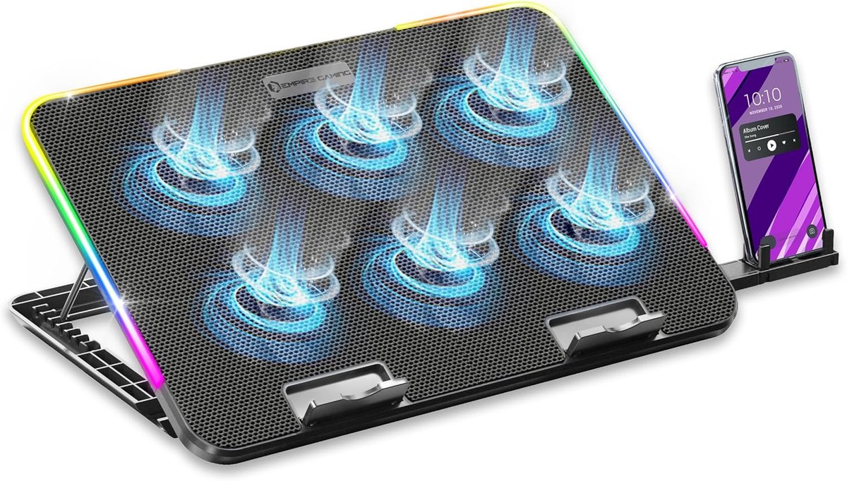 Laptop Cooler tot 15,6 inch - 6 Ventilatoren - Snelheidswiel - 7 RGB-modi - 5 Hoogtes