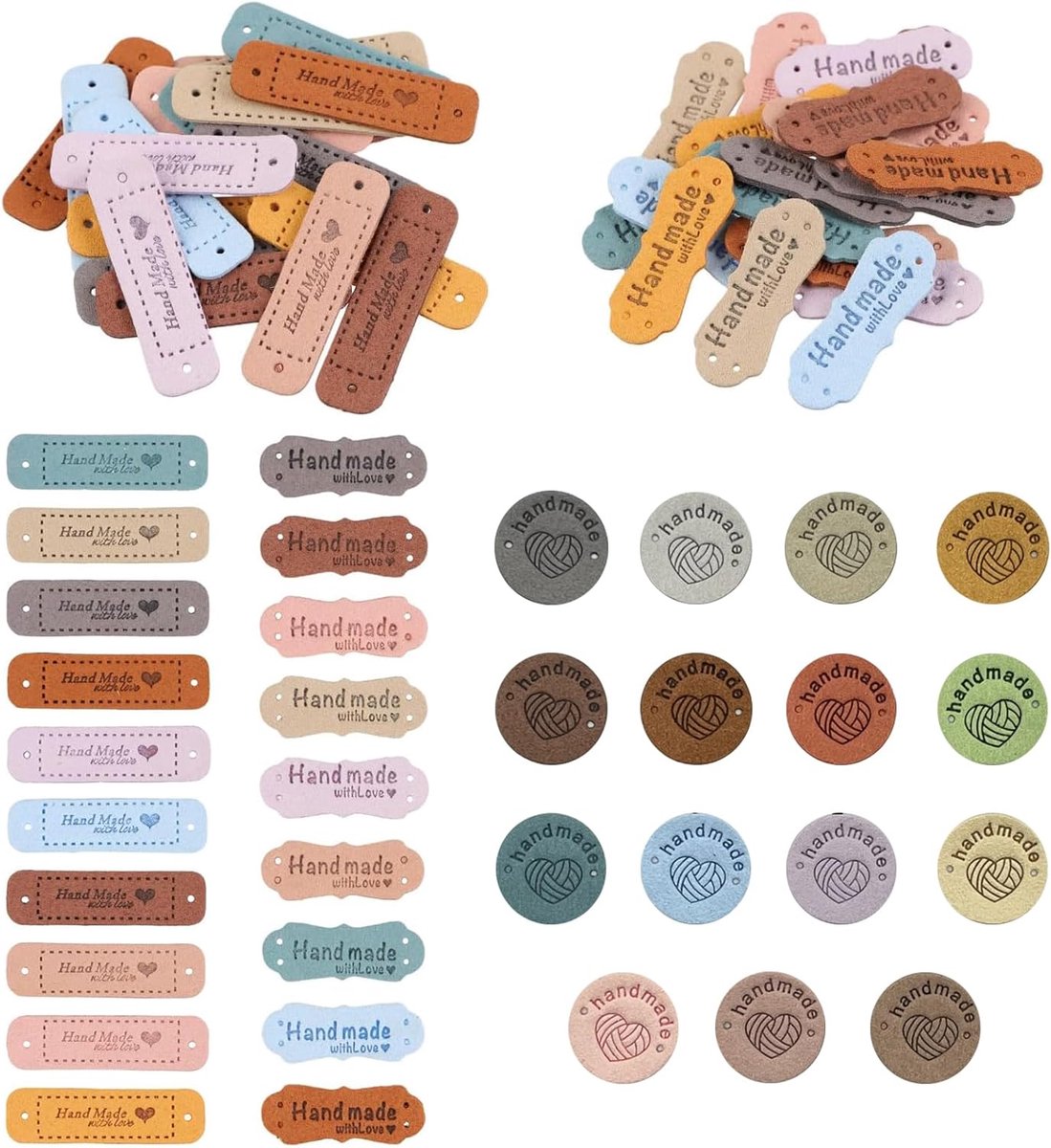 Handmade Labels - 65 Pieces - PU Labels - Clothing Tags - Nerung Knitting - DIY Jeans - Bags - Hats - 10 Colors