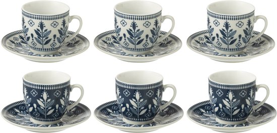 J-Line tasse + sous-tasse Feuilles - céramique - bleu foncé - boîte de 6