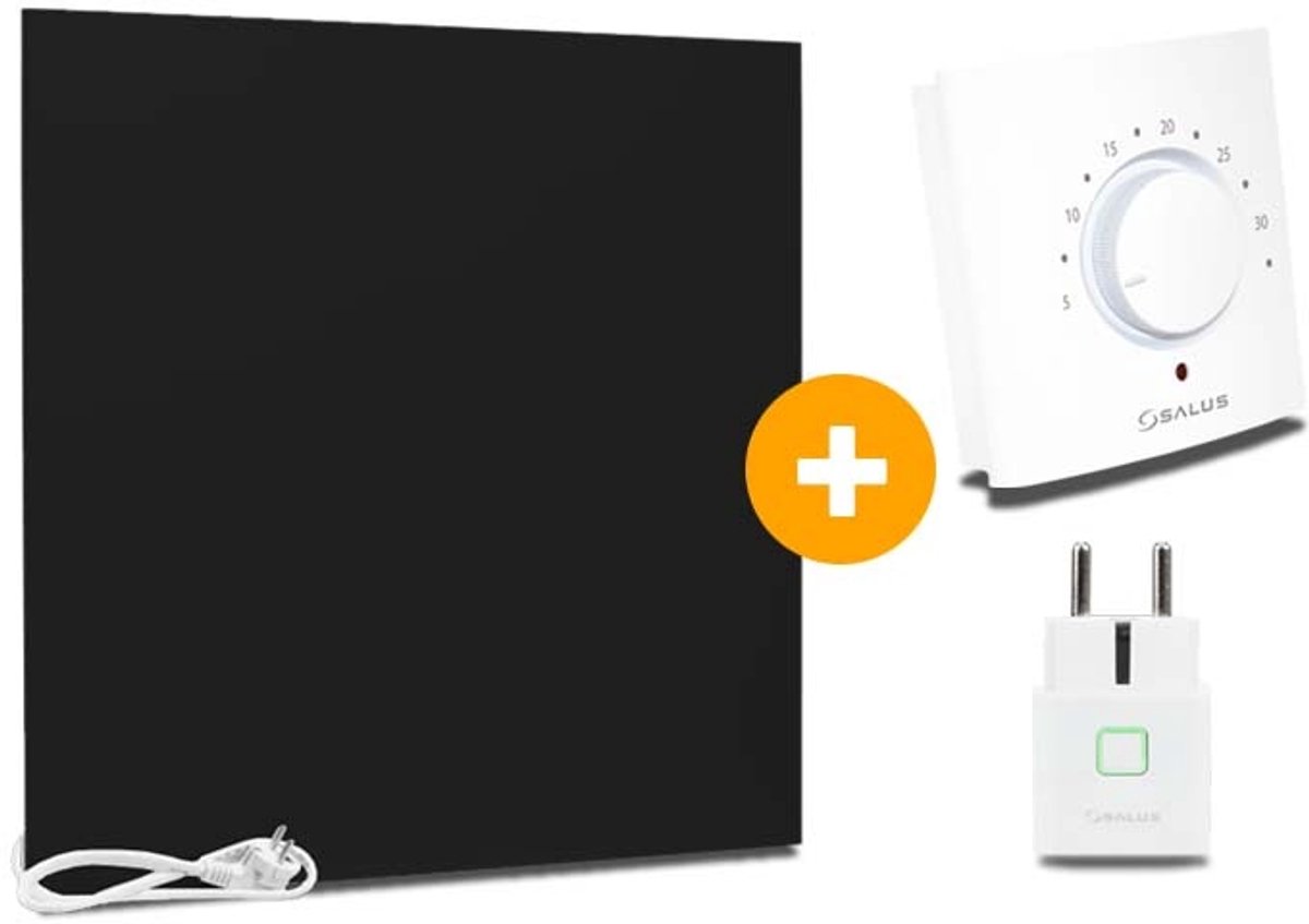 Comfortscreen Complete Set Infrarood Verwarmingspaneel 60x60cm Mat Zwart met Thermostaatset
