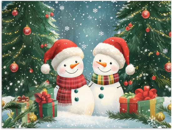 Poster 80x60 cm - Sneeuwpop - Kerstsneeuw - Groen - Rood - Posters - Kamer decoratie - Wanddecoratie woonkamer - Muurdecoratie slaapkamer - Kerstversiering - Kerstdecoratie voor binnen - Kerstmis