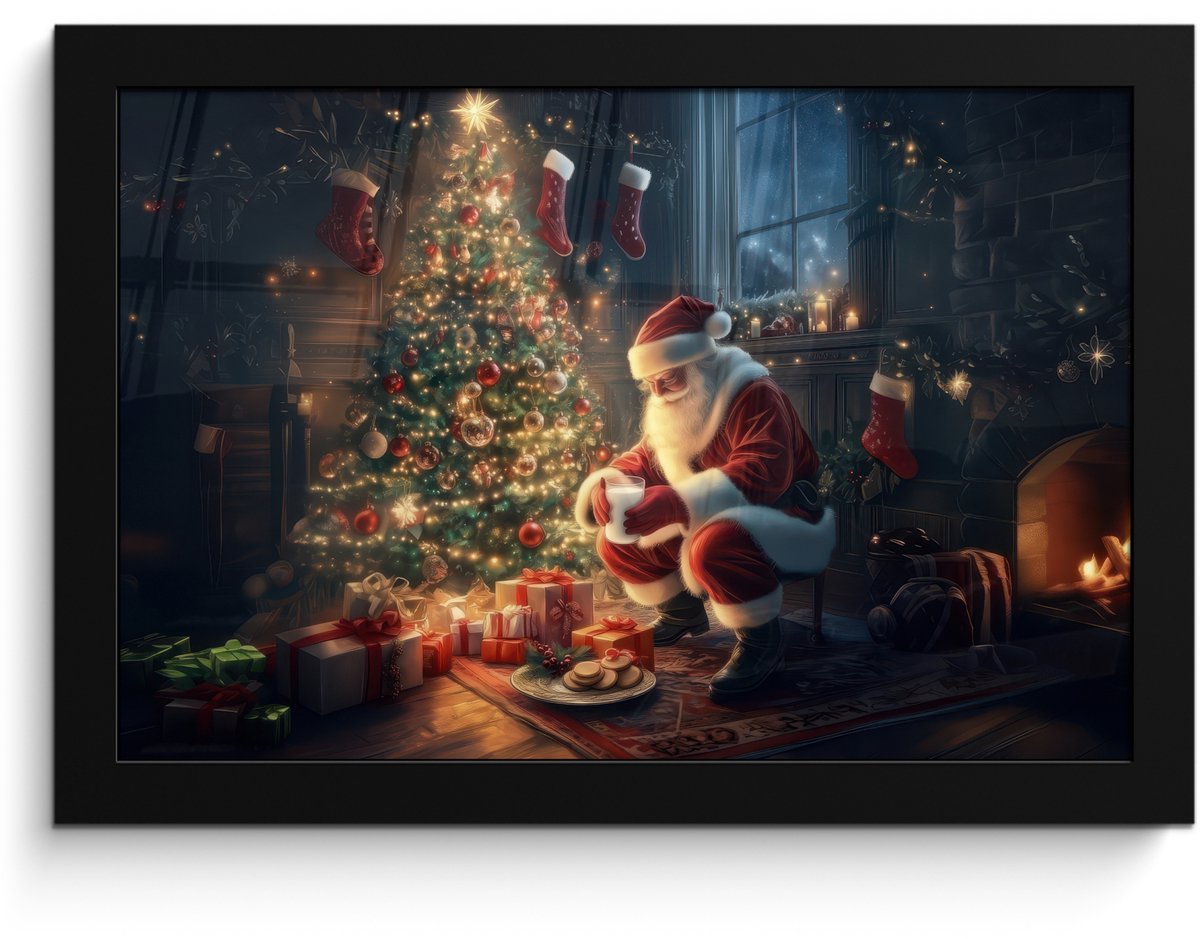 FrameYourWall Poster in lijst - Fotolijst 30x20 cm - Posters - Kerstman - Haard - Donker - Posterlijst zwart - Decoratie - Wanddecoratie woonkamer - Muurdecoratie slaapkamer - Kerstversiering - Kerstdecoratie voor binnen - Kerstmis