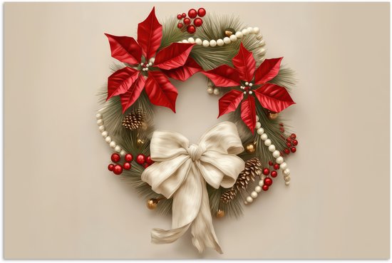 Poster 90x60 cm - Deurkrans - Strik - Kerst - Rood - Groen - Posters - Kamer decoratie - Wanddecoratie woonkamer - Muurdecoratie slaapkamer - Kerstversiering - Kerstdecoratie voor binnen - Kerstmis