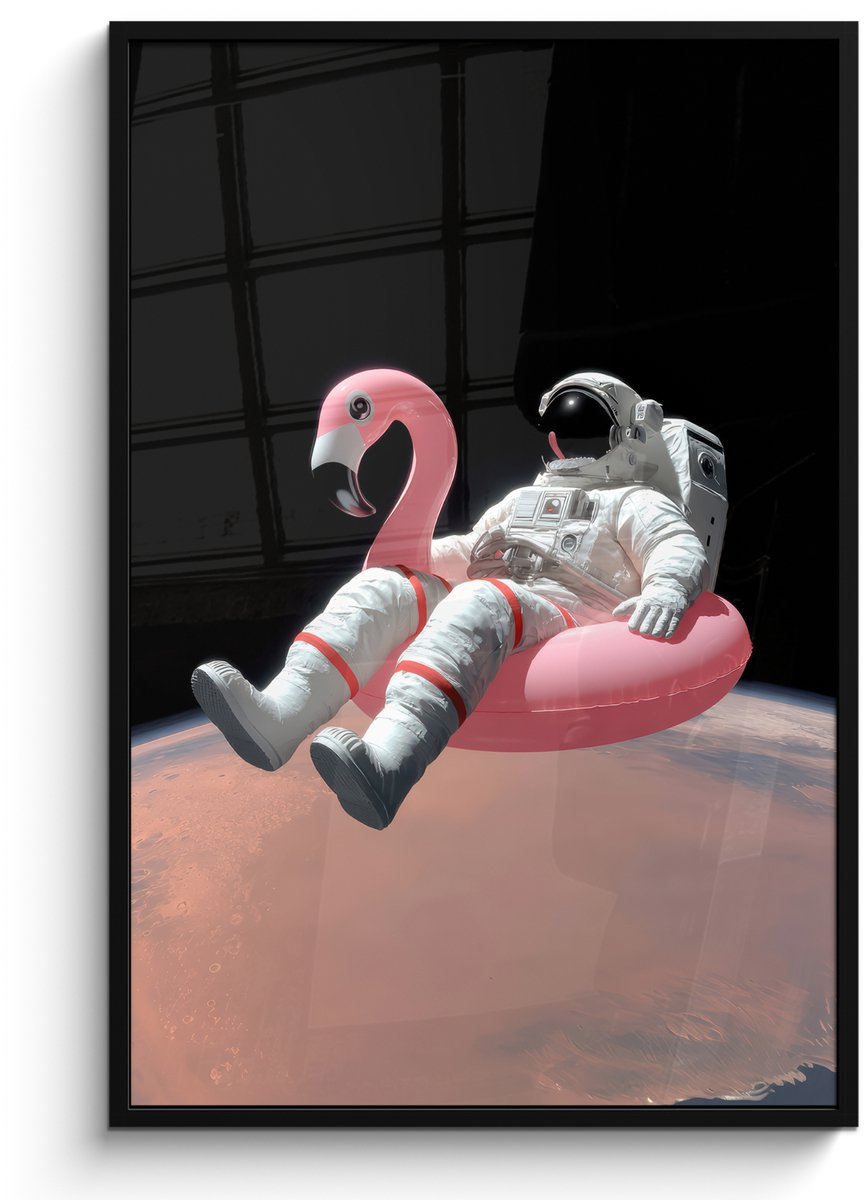 FrameYourWall Poster in lijst - Fotolijst 80x120 cm - Posters - Astronaut - Flamingo - Zwemband - Roze - Posterlijst zwart - Decoratie - Wanddecoratie woonkamer - Muurdecoratie slaapkamer