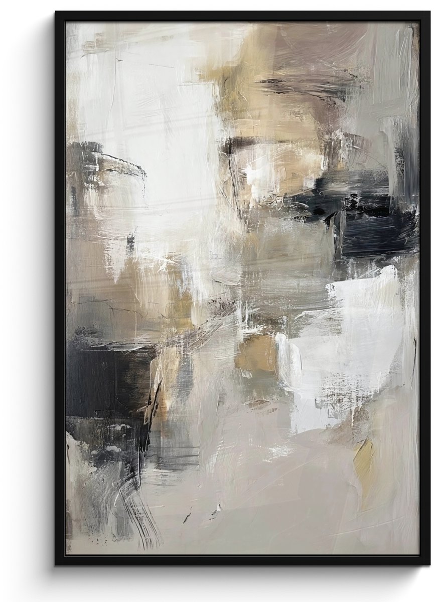 FrameYourWall Poster in lijst - Fotolijst 80x120 cm - Posters - Kleurenpalet - Penseelstreken - Beige - Nevelig - Posterlijst zwart - Decoratie - Wanddecoratie woonkamer - Muurdecoratie slaapkamer