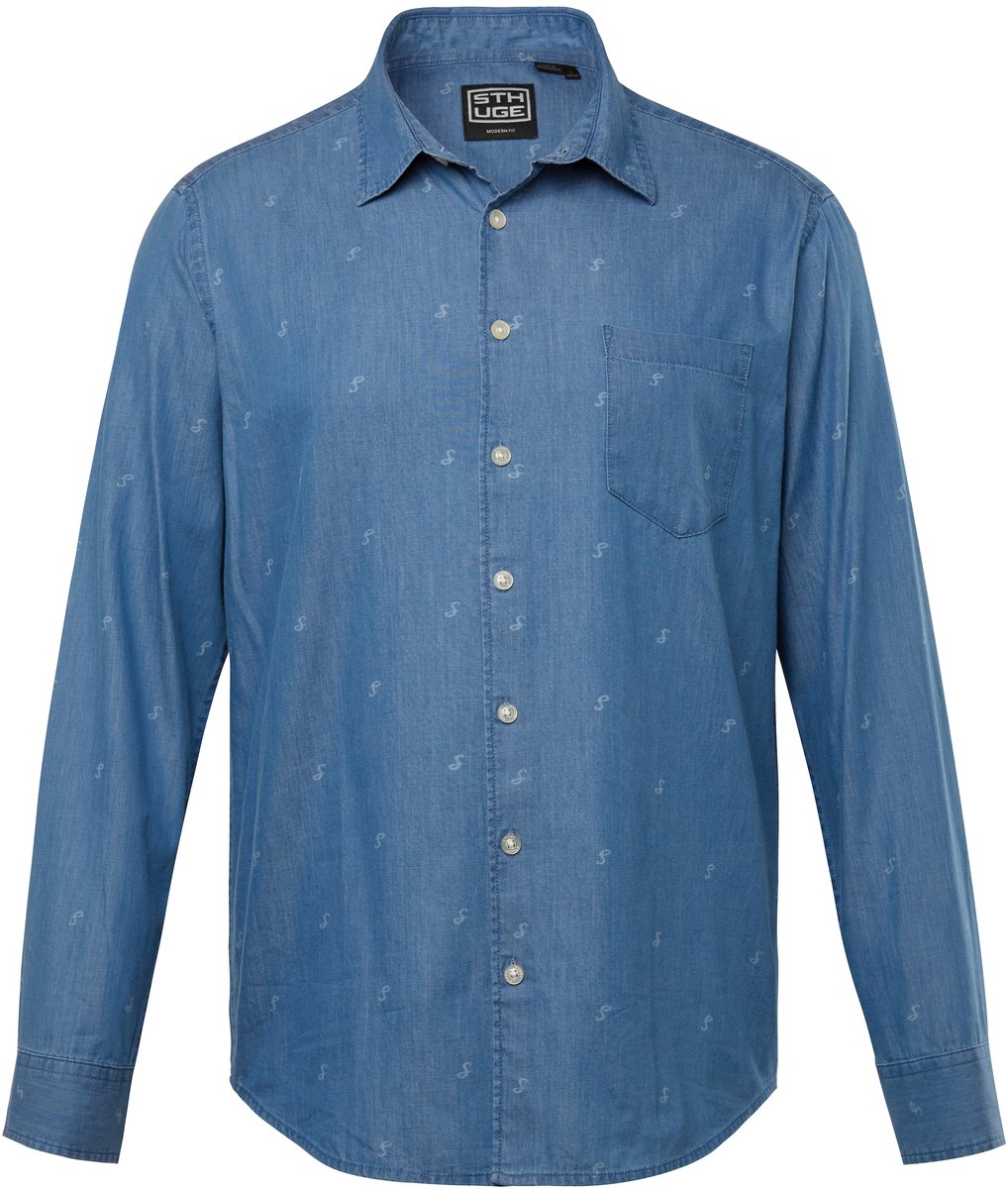 STHUGE - Heren - Denim overhemd lange mouwen all-over print Modern Fit kentkraag - Blauw denim - Maat XL