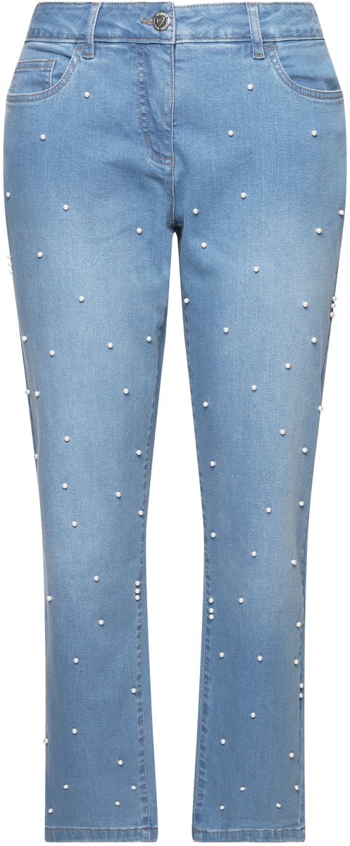 MIAMODA - Dames - Jeans wijde pijp sierkraaltjes 5-pocket - Licht blauw denim - Maat 48