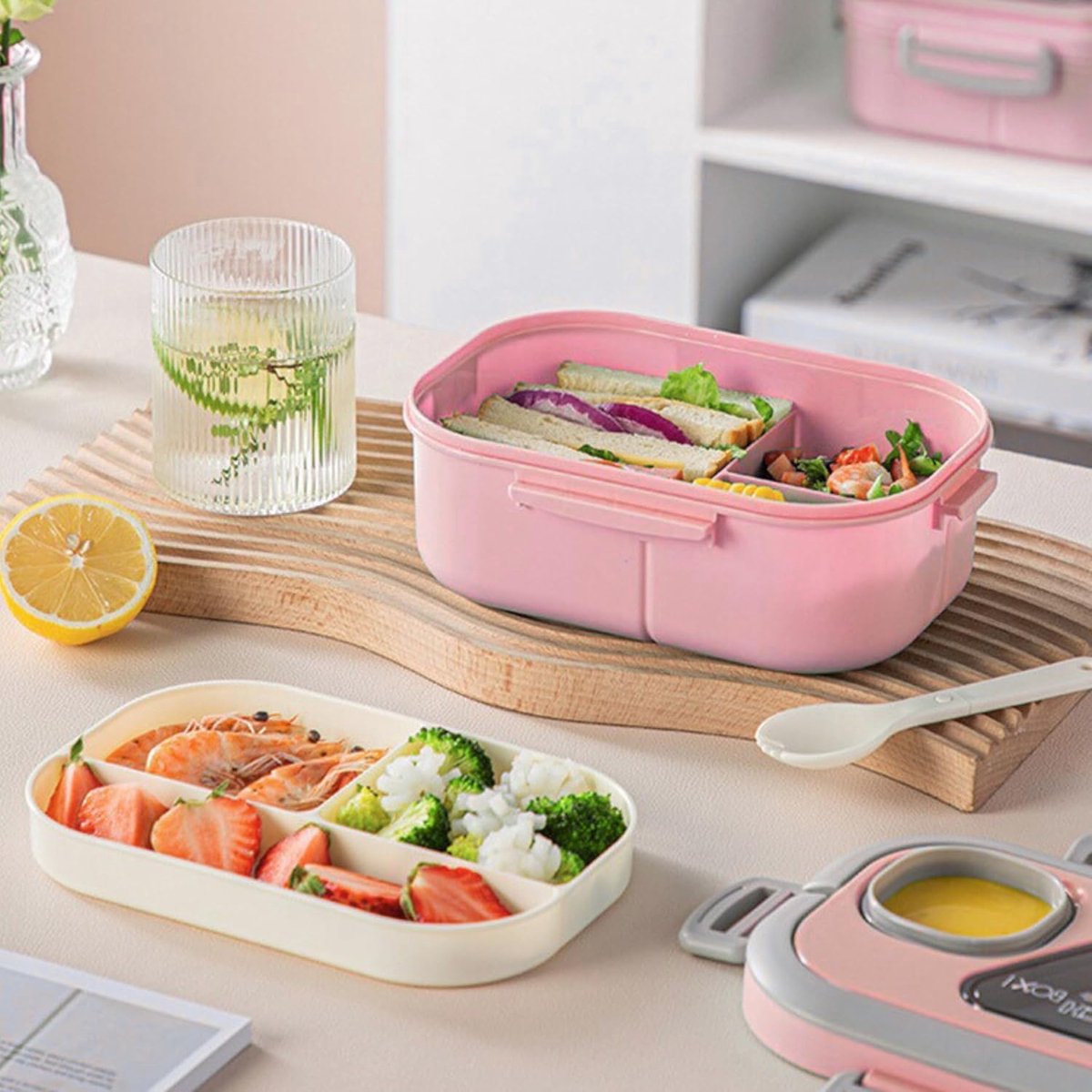 Lunchbox Set 1200+600ml voor Vaatwasser & Magnetronbestendig - Yoghurt en Muesli beker to go - broodtrommel met sausbox en bestek - Lunchpot met Isolerende Draagtas -Bento box voor volwassenen en kinderen - Voor Werk, School, Picnic - Roze — afbeelding 6