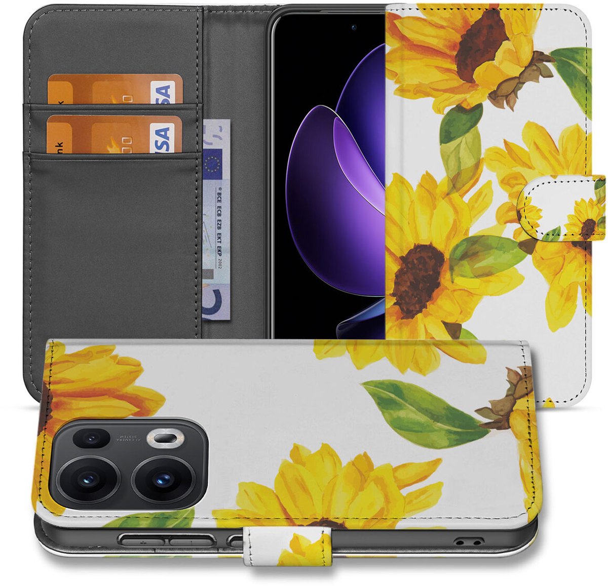OPPO Reno 13 Pro Book Case ‘Zonnebloemen’ – Stijlvol Hoesje met Pasjeshoude