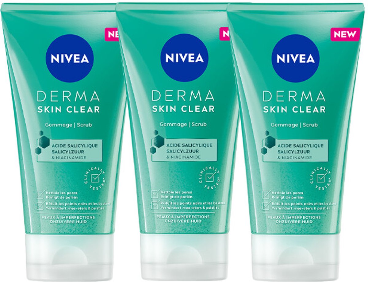 NIVEA Derma Skin Clear Gezichtsscrub - 3 x 150 ml - Voordeelverpakking