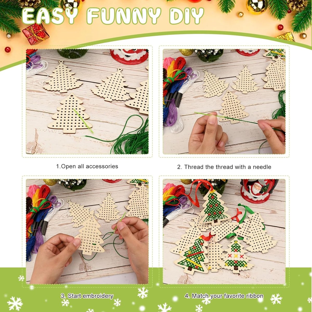 Kerst borduurset - Kerstboom borduren - DIY kerstknutsels - Borduurset voor volwassenen - Kerstboomversieringen - Houten kerstboom bladwijzer kruissteek - Kerstborduurset voor kinderen en beginners – foto 7