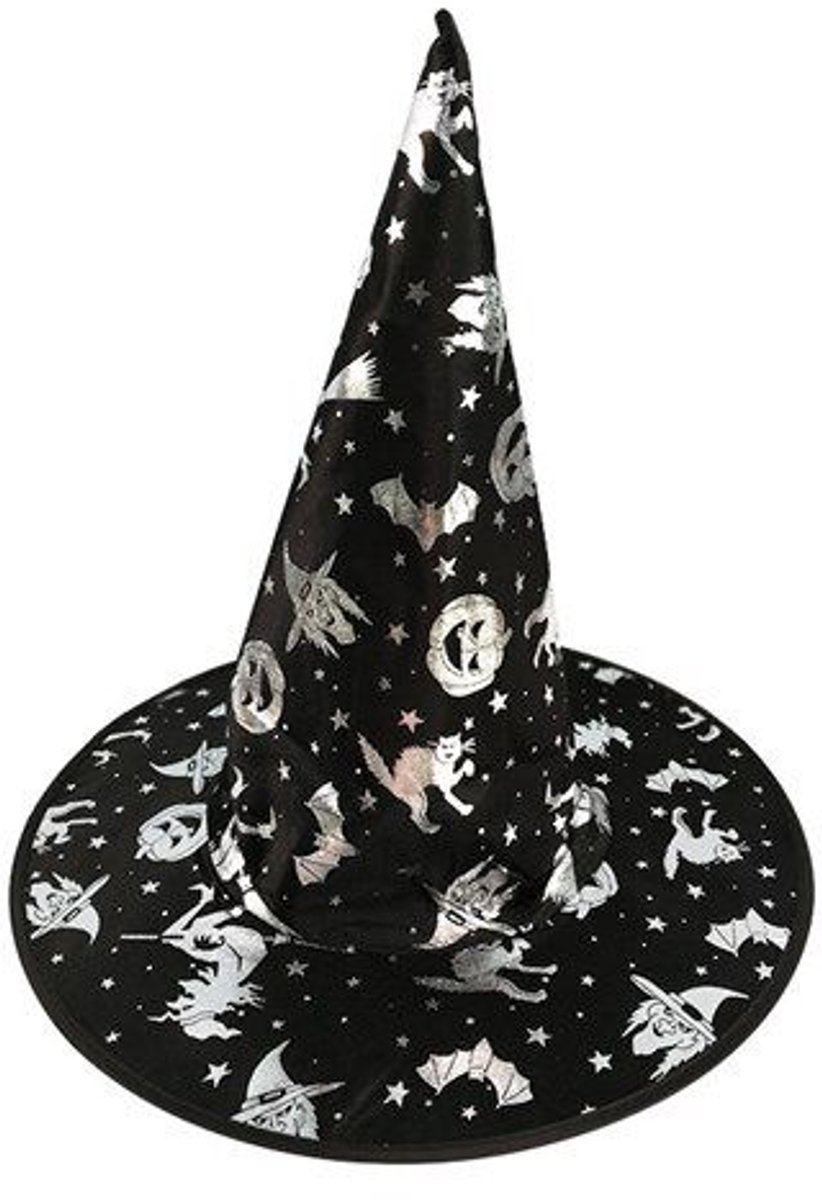 Heksenhoed Kinderen - Heks - Zwart/Zilver- Halloween Heksenhoed - One Size - Een Stuk - Unisex