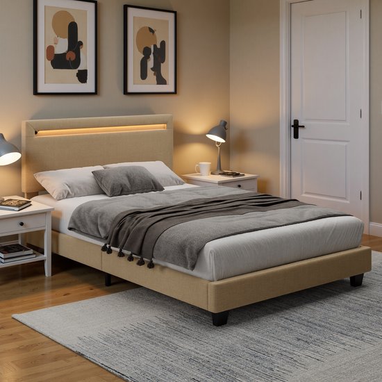 Lit rembourré Xbro 120 x 200 cm – avec tête de lit et Siècle des Lumières LED – Lit double avec tête de lit et sommier à lattes – Beige