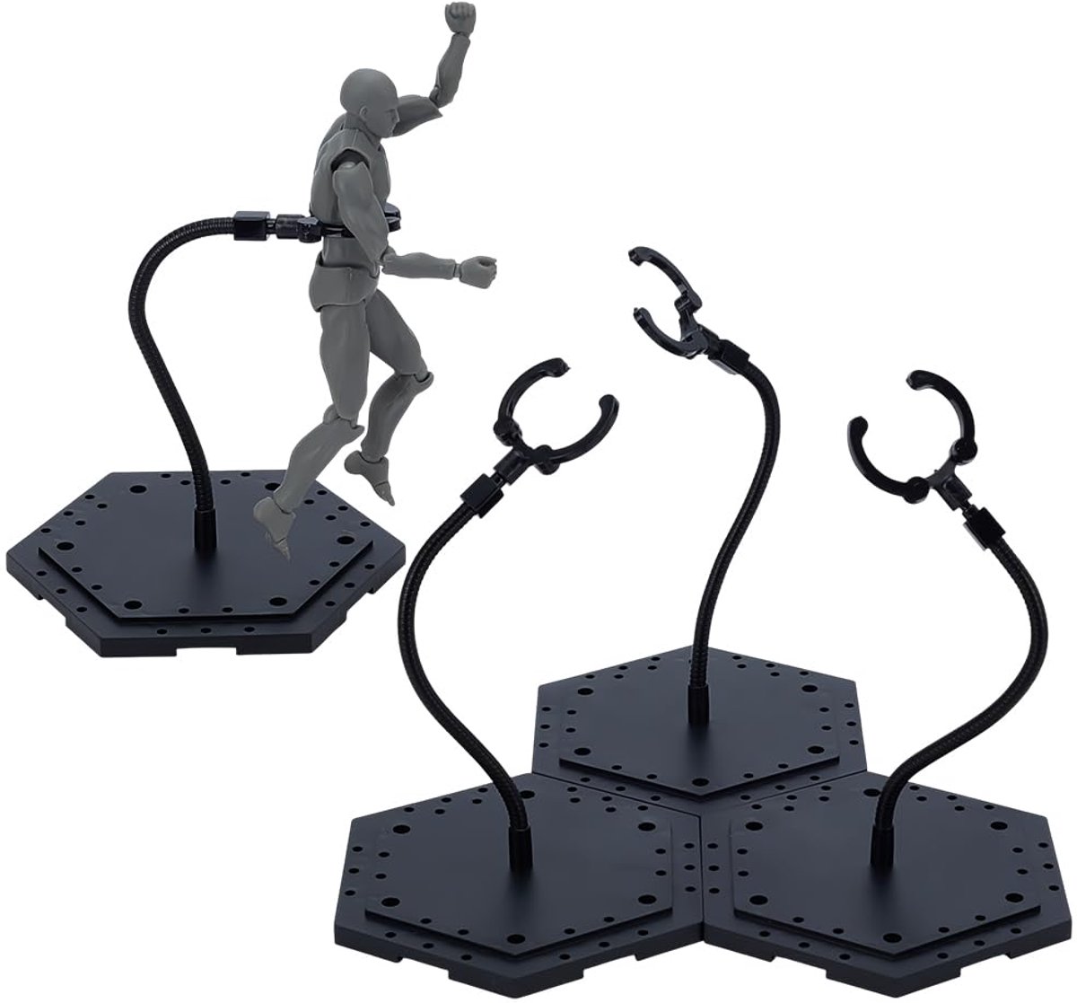 4 Sets Verstelbare Zwarte Snake Arm Pop Standhouder Zeshoekige Basis voor Actiefiguur Collectible Model Display Buigbare Legering Steun Arm Duurzame Plastic Basis voor Taille 3cm Model