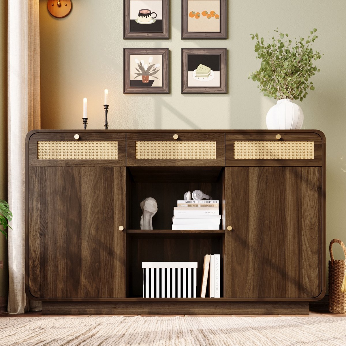 PHOEBE CAT Dressoir - 3 rotan lades - Metalen handgrepen - Verstelbare planken - 85 x 120 x 40 cm - Bruin