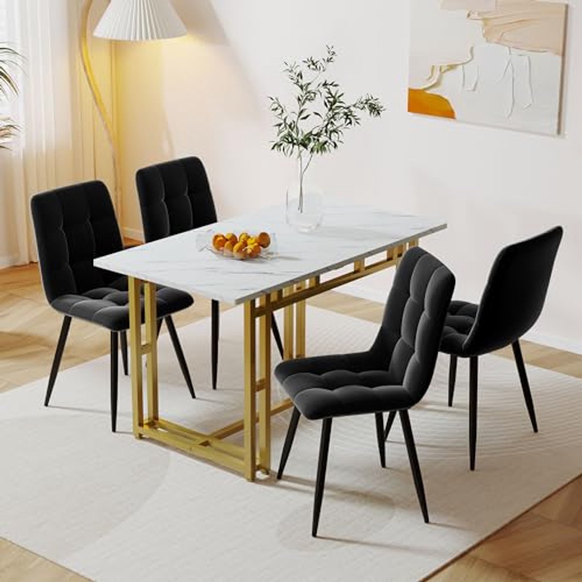 Moderne eettafelset met 4 fluwelen stoelen en gouden poten - 120 x 70 cm