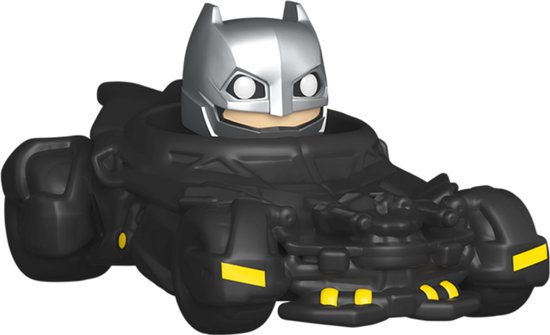 Zwarte Batmobile met Batman-figuur met zilveren helm en cape.