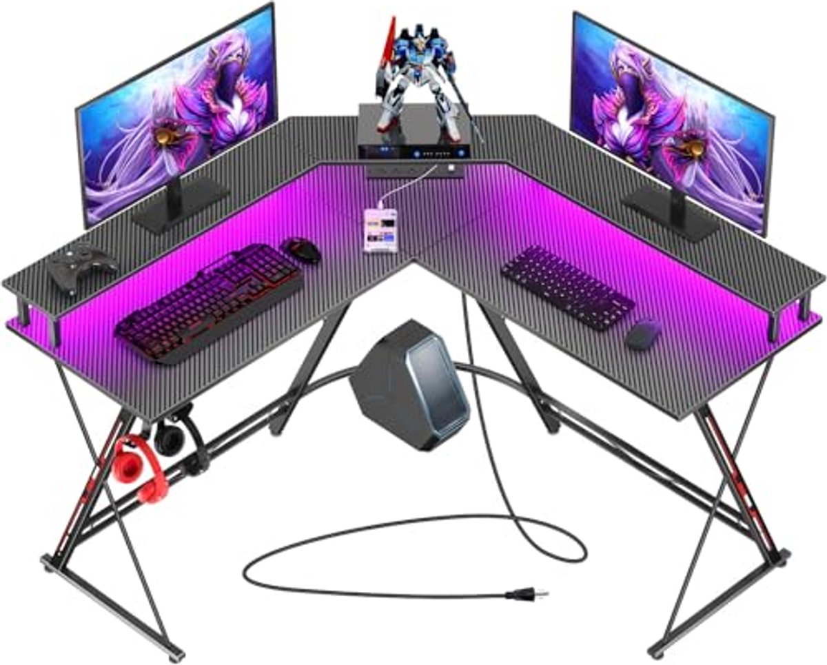 L-vormig gamingbureau met LED-verlichting en stopcontacten, 50 inch hoekbureau met monitorstandaard