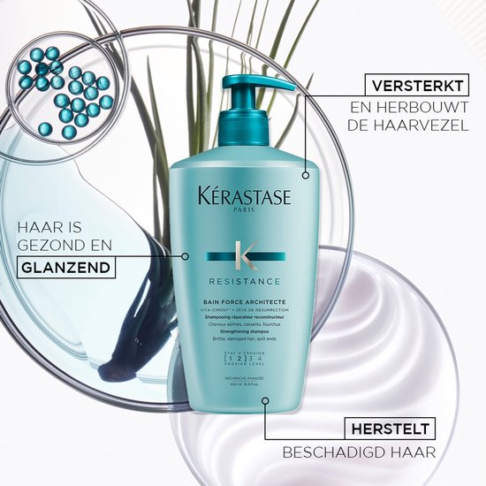 Grande bouteille Kérastase Résistance Bain Force Architecte avec distributeur à pompe, entourée d'éléments graphiques.