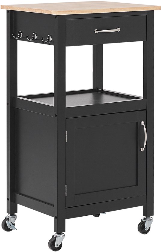 Chariot de cuisine noir avec plateau en bois, quatre crochets, étagère ouverte, tiroir et porte fermée avec poignée. Sur roulettes.