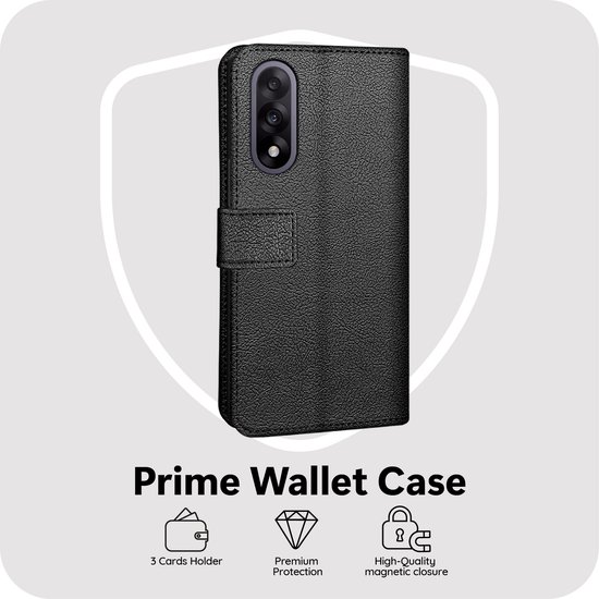 Étui portefeuille noir pour téléphone portable avec 3 porte-cartes et fermeture magnétique.