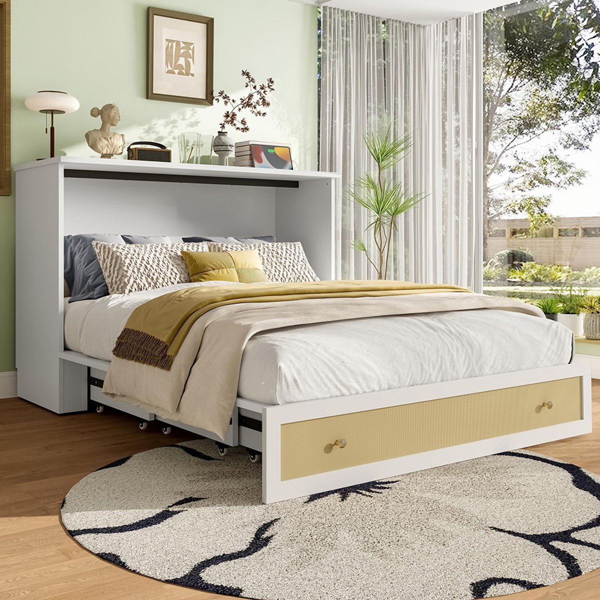 Pugsdrly Opklapbed, 140 x 200, mobiel opklapbed met lades aan het voeteneinde en plank aan het hoofdeinde, met USB-aansluiting en stopcontact, omvormbaar platformbed, zonder matras, wit