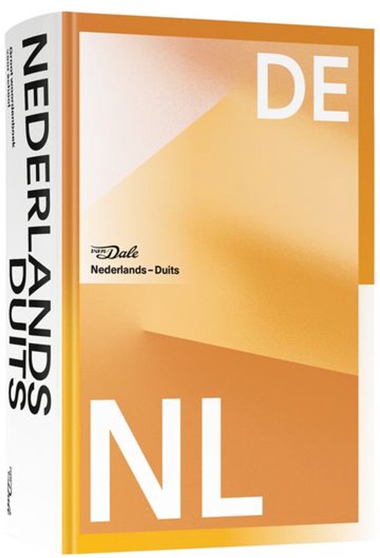 Van Dale woordenboek Nederlands-Duits met oranje abstracte cover, letters 'DE' en 'NL'.
