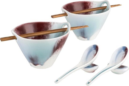 Ramen Bowl Set van 2, 1500ml Japanse keramische noedels soepkom (met lepels, eetstokjes en vorken), grote en diepe kom voor Pho, Udon, pasta, curry, granen en salade, housewarming cadeau