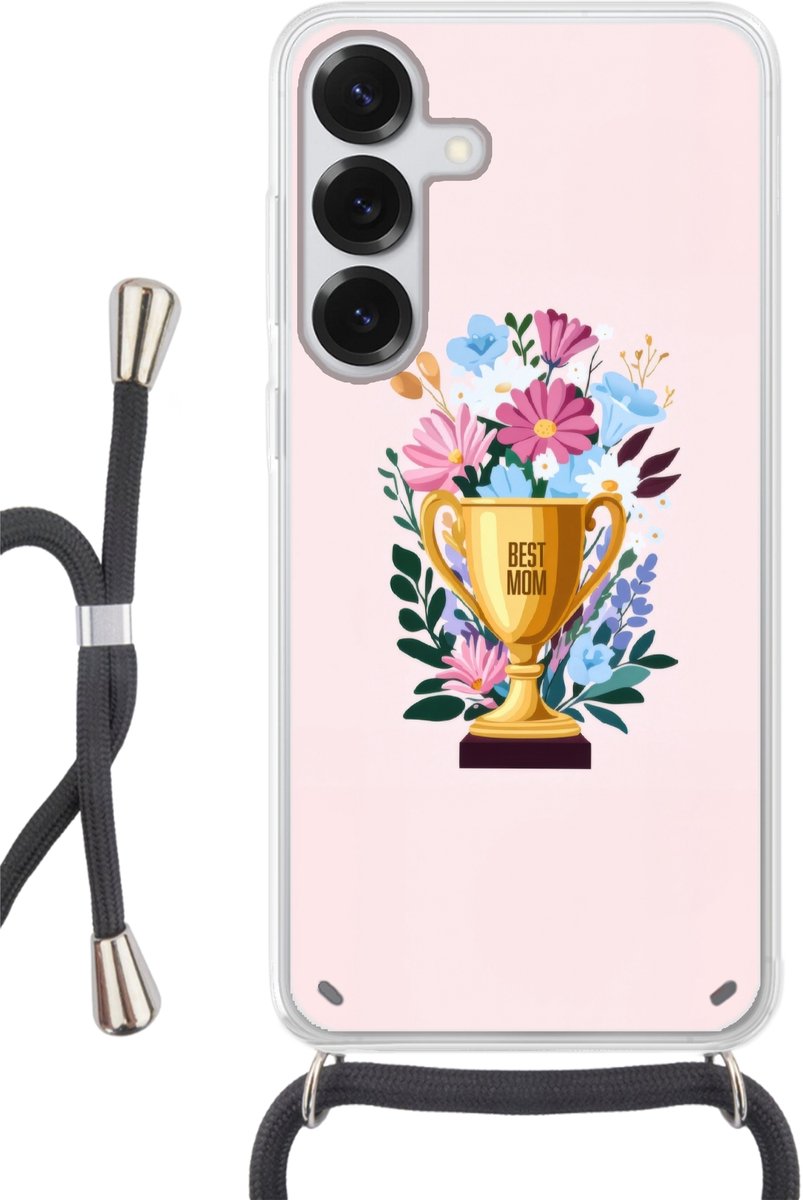 Telefoonhoesje Geschikt voor Samsung Galaxy S25 Plus - Trofee - Best Mom - Bloemen - Kleurrijk - Siliconen - Crossbody - Backcover met Koord - Telefoonhoesje met koord - Hoesje met touw Telefoonhoesje