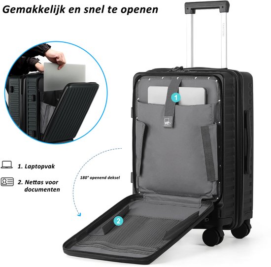 Zwarte koffer met geopende klep, laptopvak en netvak voor documenten.