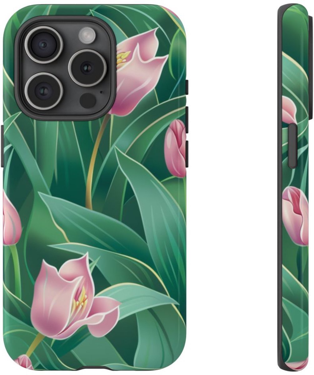 Roze Tulp Bloemenpatroon – Telefoonhoesje Geschikt voor iPhone 15 Pro
