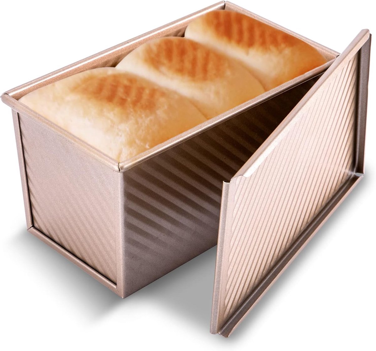 Broodvorm met deksel, 1 pond deegcapaciteit, antiaanbakbakvorm voor het bakken van brood, koolstofstalen gegolfde broodtoastvorm met deksel voor het bakken van brood, goudkleurig