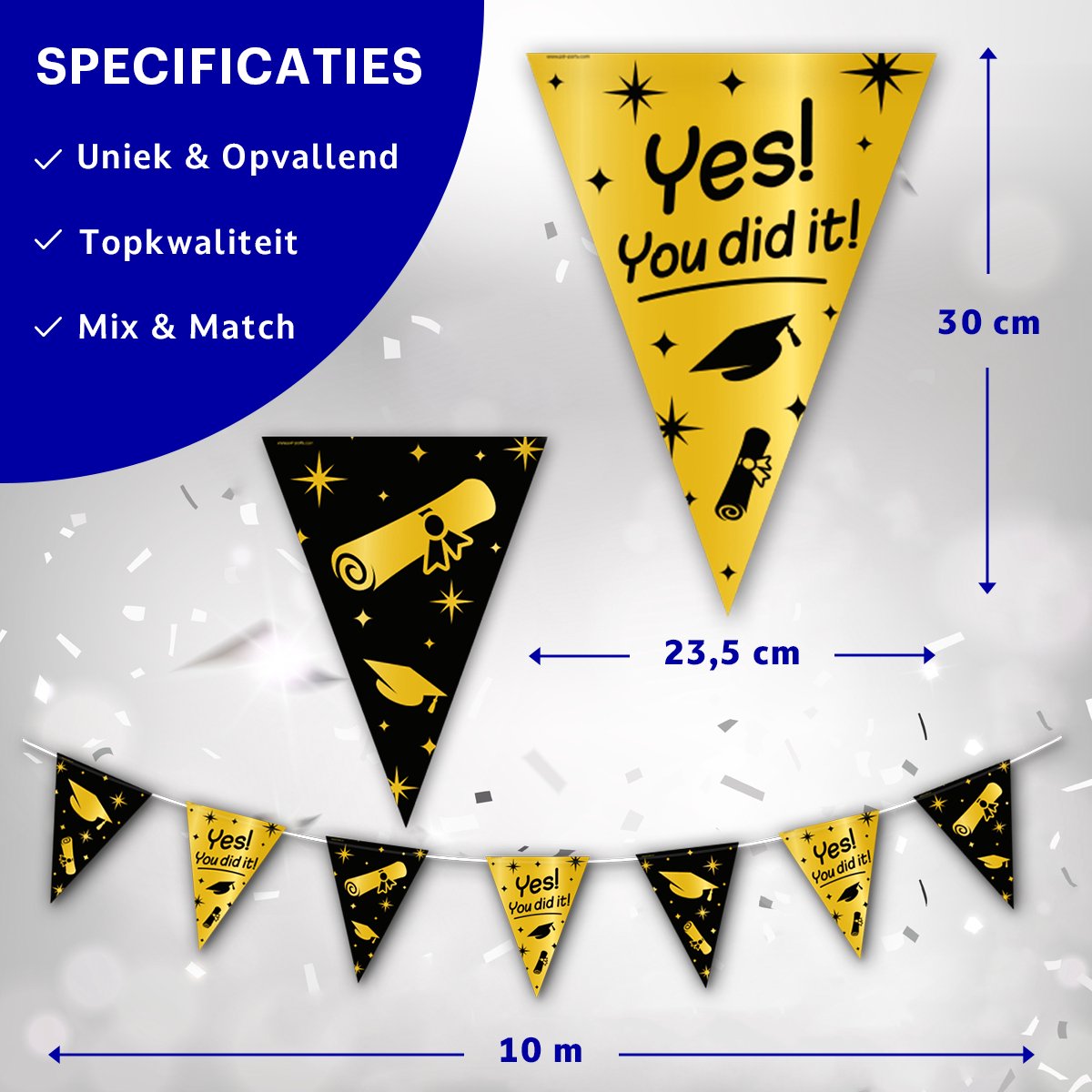 BTH - Slingers - Yes! You Did It! - Goud en Zwart - Geslaagd Versiering - Slinger - Vlaggenlijn - Geslaagd Cadeaus - 1 St — afbeelding 2
